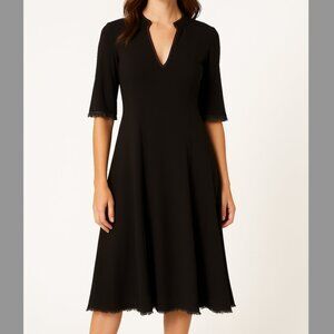 Costume National V Neck Midi Dress 3/4 Sleeve Fringe Trim Wool Black Size 38